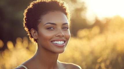 African American woman beams with joy, radiating warmth and confidence.