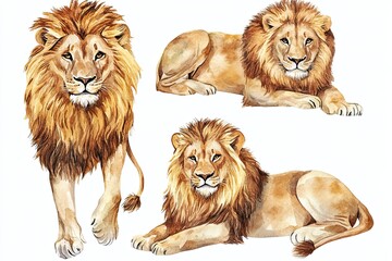 Obraz premium Set of watercolor noble lions hand drawn on a white background