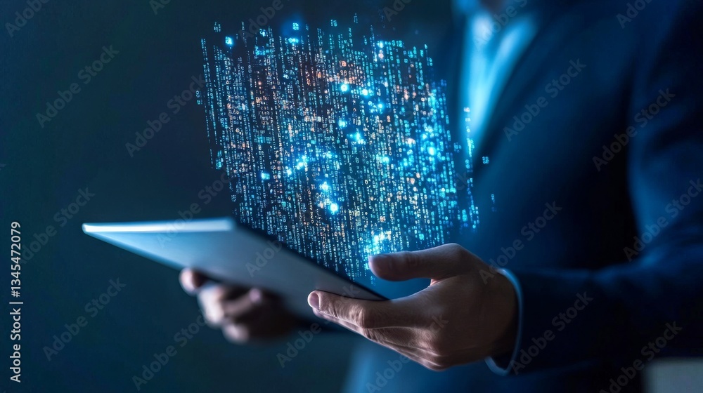Poster man quickly analyzes data while holding a folder filled with important information