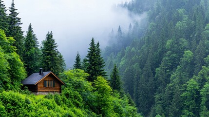 Misty Mountain Forest Cabin Tranquil Wooden House Amidst Lush Greenery
