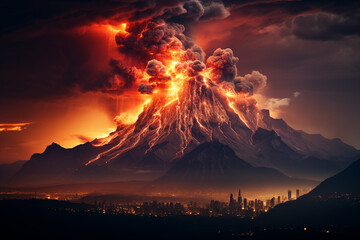 breathtaking and heart stopping spectacle of a volcano unleashing its fiery wrath, as a colossal explosion sends billowing clouds of ash into sky, evoking a sense of imminent danger and leaving you in