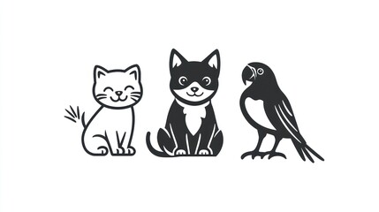 Obraz premium Cute cartoon animals, cats and birds, flat design. Stock photo
