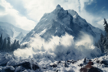 exhilarating display of nature power as a colossal avalanche cascades down a mountain, its peaks adorned with swirling snow dance of chaos and beauty