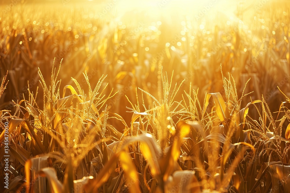 Poster vibrant corn fields illuminated by warm sunlight during peak growth season generative ai