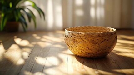 Fototapeta premium Woven Basket on Wooden Floor