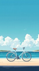 Fototapeta premium White Bicycle on Sunny Beach Illustration for Vacation and Relaxation with Tranquil Ocean View
