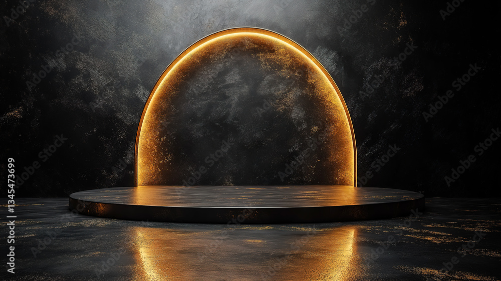 Poster abstract black and gold background with cobblestones and golden arch frame for product display