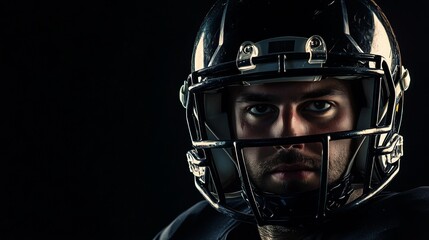 Focused football player in helmet, standing on field, embodies determination and intensity.