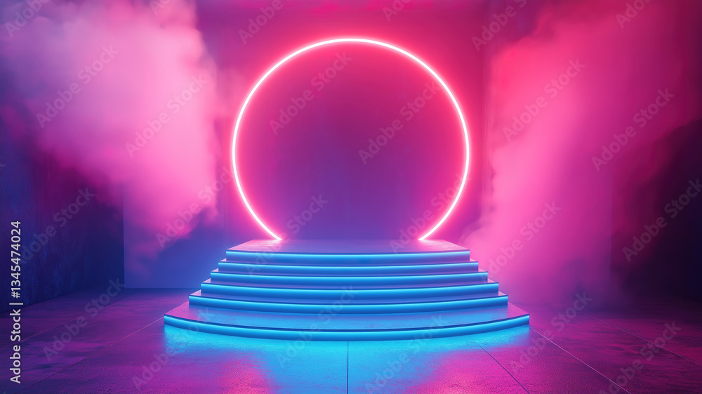 Poster neon blue light podium on an abstract platform stage for a dynamic product display