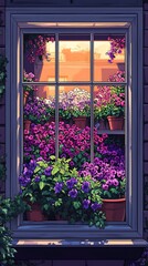 Fototapeta premium Window Box Garden Overflowing With Purple Blossoms and Lush Greenery Under Soft Sunset Light Harmony
