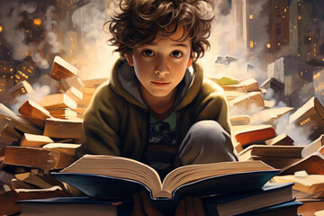 young boy read books