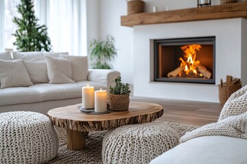 Fototapeta premium an inviting living room interior with a cozy fireplace, decorated with candles, plants, and comfy seating, creating a warm and relaxing atmosphere.
