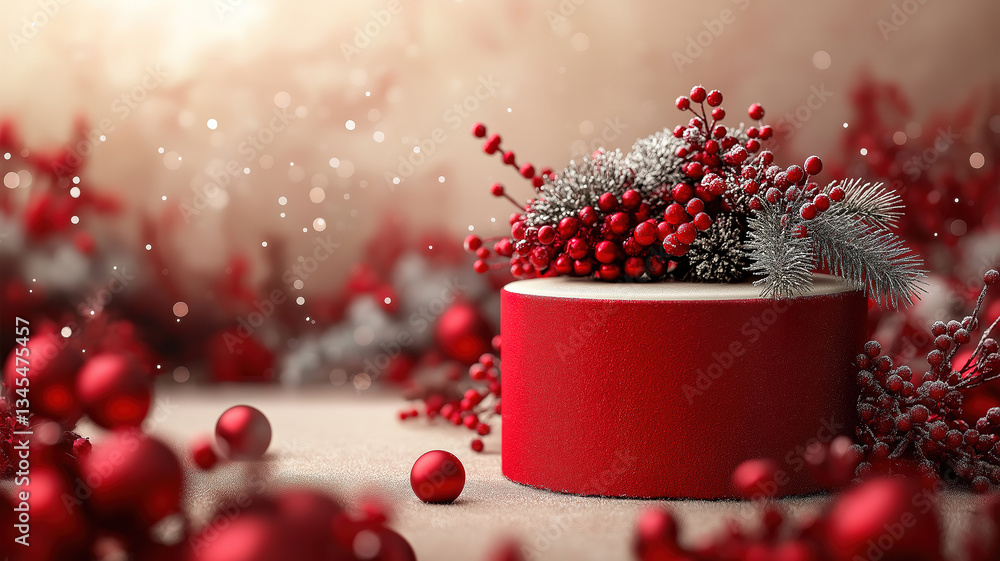 Poster minimal red podium designed for christmas product display in a festive setting