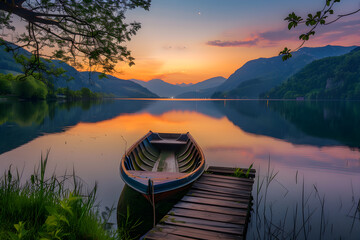 Stunning Dusk Over Tranquil Lake with Mountainous Backdrop