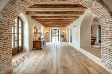 Fototapeta premium an elegant corridor in a traditional building with arched brickways and wooden beams, showcasing a harmonious blend of rustic and classic elements.