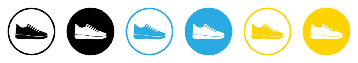 Shoes icons collection. Sneaker shoe sport or running footwear vector icons set in black, blue and yellow color. Flat and outline style. Isolated vector illustration.