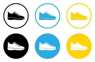 Shoe icons collection. Sneaker shoe sport or running footwear vector icons set in black, blue and yellow color. Flat style. Isolated vector illustration.