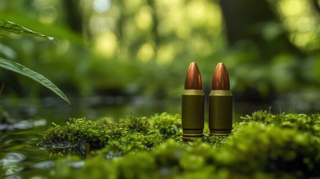 Two 9mm Parabellum Cartridges Resting on Lush Green Moss in a Forest