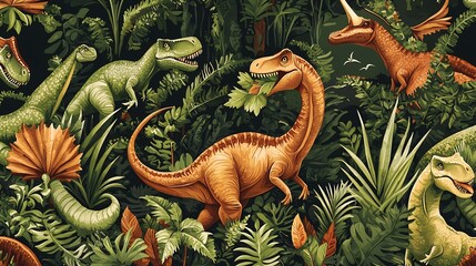 Fototapeta premium Seamless pattern of different types of dinosaurs eating leaves in a lush forest perfect for fabric design