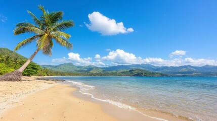 Serene Tropical Beach with Palm Tree and Clear Ocean