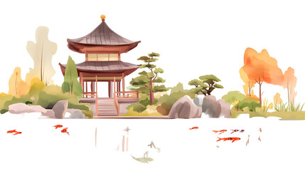 Illustration of Asian Pagoda Reflection on Water Featuring Traditional Architecture Trees Stones Tranquil Zen Garden Landscape Transparent Background Serene Scene