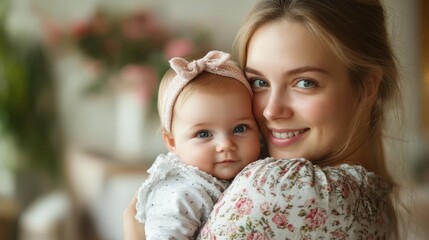 Obraz premium Happy Mother and Baby Girl Indoor Portrait Tender Moment Close Up