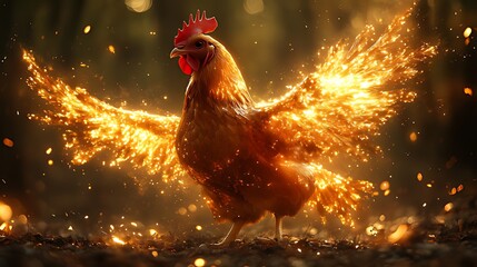 Fiery hen, wings ablaze, forest night, fantasy art