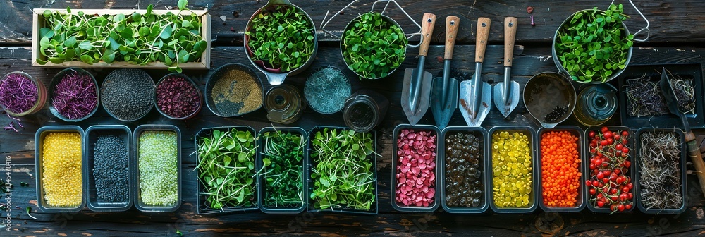 Aufkleber microgreen seed packets and gardening tools organized on rustic wooden surface generative ai