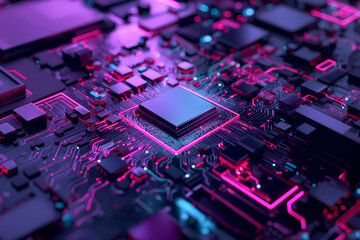 Futuristic Close-Up of CPU and Motherboard &ndash; Cyber Tech with Neon Pink and Blue Glow