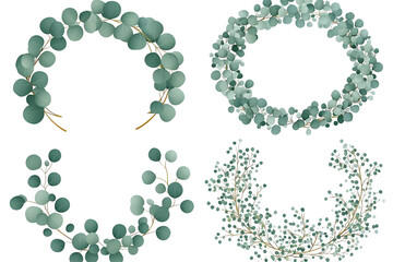 Obraz premium Illustration of Eucalyptus Wreaths with Green Foliage and Botanical Elements Isolated on Transparent Backgrounds Featuring Floral Branch, Leaf, Plant, Natural Decoration