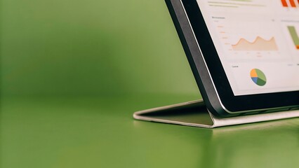 Business growth customer centric concept, Tablet displaying graphs on a green background, indicating data analysis or business insights.