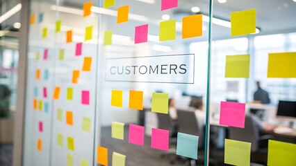 Business growth customer centric concept, Colorful sticky notes on a glass wall labeled "CUSTOMERS" in a modern office setting.