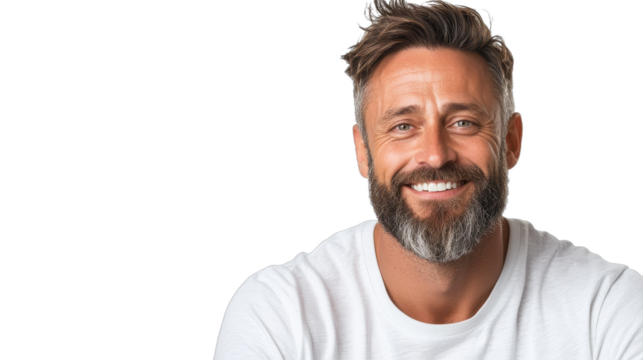 Smiling man with beard, casual style, friendly demeanor, relaxed setting, ideal for personal branding or lifestyle content. Isolated on white background or PNG