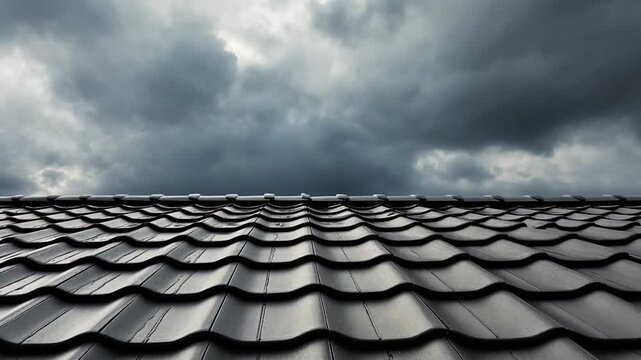 Dark roof tiles under stormy sky