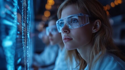 Blonde Woman in Futuristic Glasses Analyzing Digital Data in Science Lab
