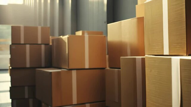 stack of packages ready for shipping, bright background, organized logistics, focus on detail, soft shadows, modern warehouse, efficient and clean environment