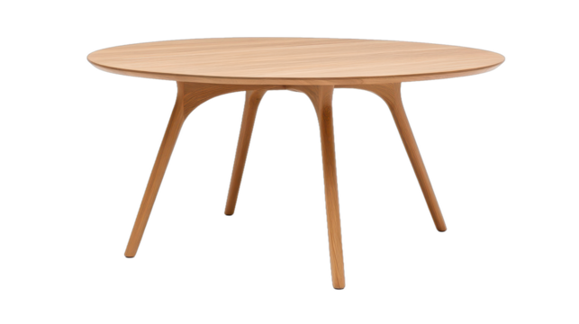 Stylish wooden round table, modern design, light oak finish, perfect for dining or living spaces, ample copy-space available. Isolated on white background or PNG