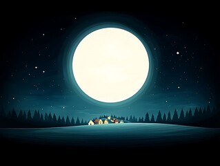 Moonlit Village Winter Night Landscape.