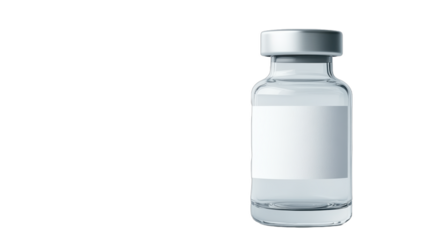 Clear glass vial with a sterile liquid inside, medical context, suitable for healthcare themes, copy-space available. Isolated on white background or PNG