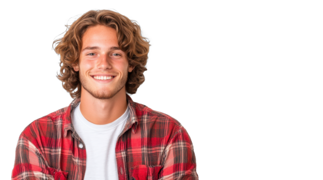 Young man with curly hair, casual plaid shirt, relaxed expression, bright setting, ideal for lifestyle content and friendly branding. Isolated on white background or PNG