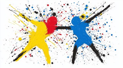 Abstract Paint Splatter Artwork Yellow, Red, and Blue Figures on White