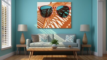 Living Room with Sunglasses Artwork and Modern Tropical Decor