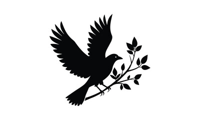 Fototapeta premium Crow Branch Leaves Black Silhouette