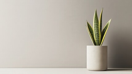 Snake Plant in Speckled White Pot on White Surface Against Gray Wall