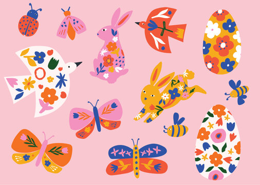 Fototapeta Spring theme Hand drawn vector illustration of bunny, butterfly, birds, bees and eggs. Colorful scandinavian folk style clipart elements. Perfect for stickers, t-shirt design, kids art etc.