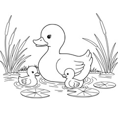 Duck swiming on pond, illustration, drawing, coloring book for kids
