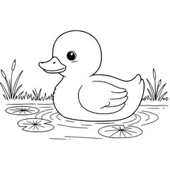 Duck swiming on pond, illustration, drawing, coloring book for kids