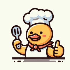 Duck Chef Culinary Restaurant Vector Mascot Logo Illustration – Cute Cartoon Character in a Chef’s Hat Holding a Spatula, Perfect for Food, Bakery, Cooking, Catering, and Hospitality-Themed Branding 