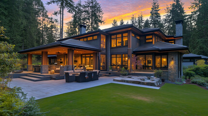Fototapeta premium Modern Luxury Home with Spacious Patio at Sunset, Embracing Golden Hour Warmth and Elegance
