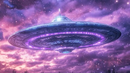 A flying saucer hovers in the night sky with bright purple lights